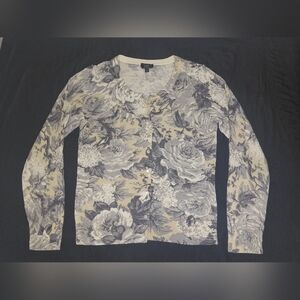 Talbots 100% Cashmere Sweater in Gray and Cream Floral Long Sleeve